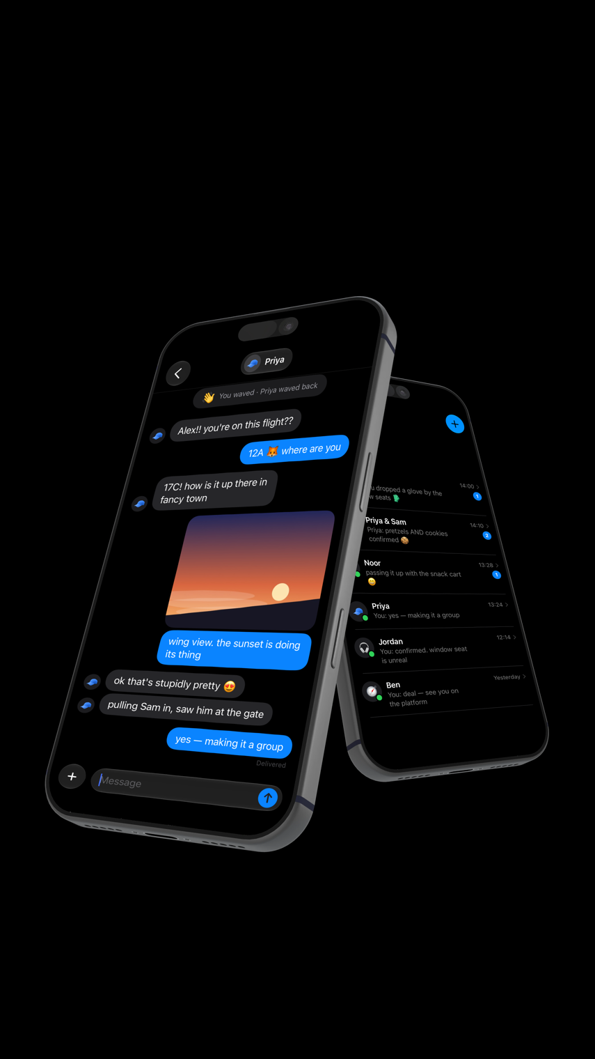 Nearby on two iPhones — an offline chat with Priya and the chat list